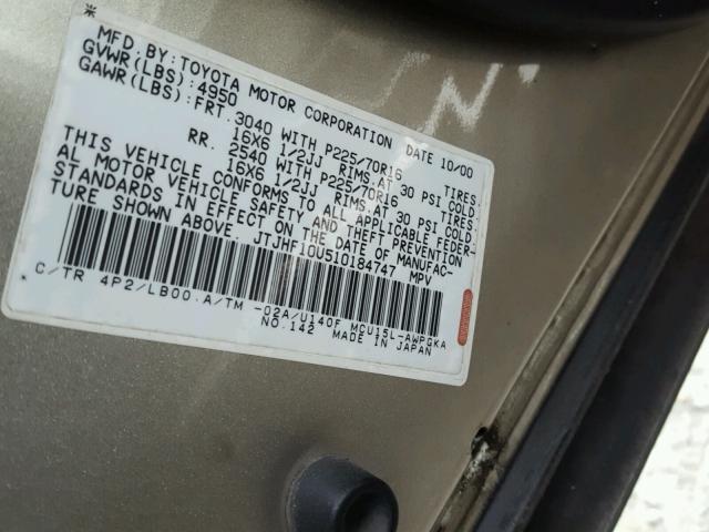 JTJHF10U510184747 - 2001 LEXUS RX 300 GOLD photo 10