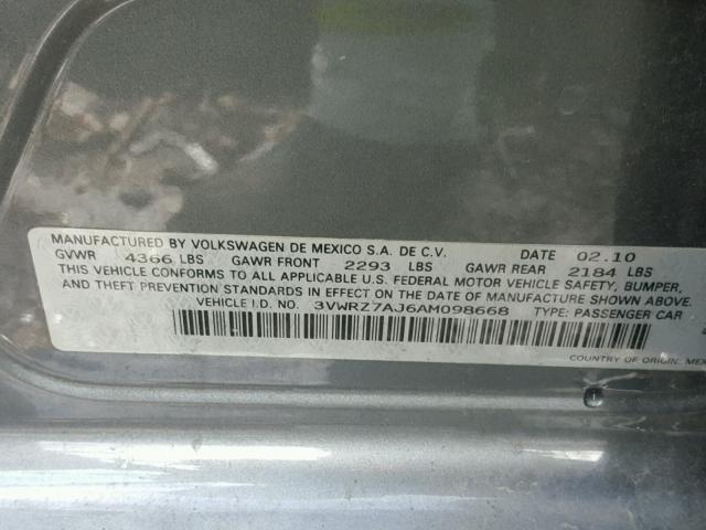 3VWRZ7AJ6AM098668 - 2010 VOLKSWAGEN JETTA SE GRAY photo 10