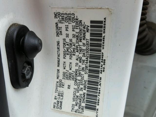 5TDBT44A21S001837 - 2001 TOYOTA SEQUOIA SR WHITE photo 10