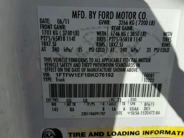 1FTFW1EF1BKD76192 - 2011 FORD F150 SUPER WHITE photo 10