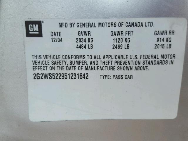 2G2WS522951231642 - 2005 PONTIAC GRAND PRIX SILVER photo 10