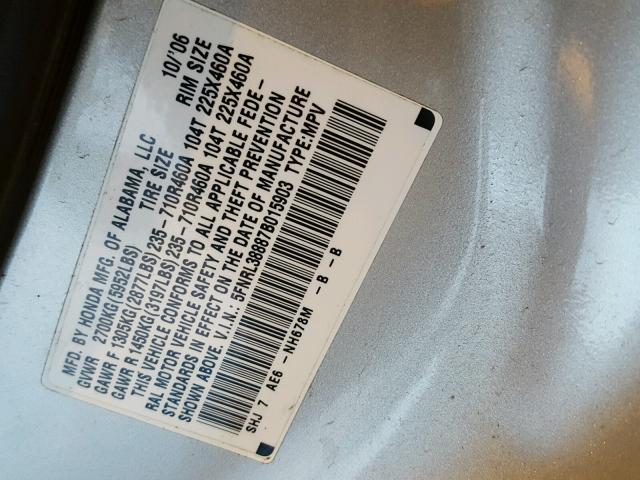 5FNRL38887B015903 - 2007 HONDA ODYSSEY TO SILVER photo 10