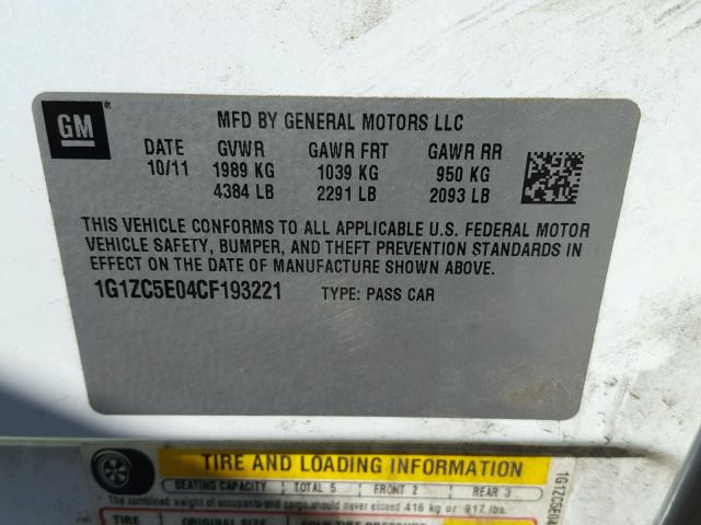 1G1ZC5E04CF193221 - 2012 CHEVROLET MALIBU 1LT 白色 照片 10