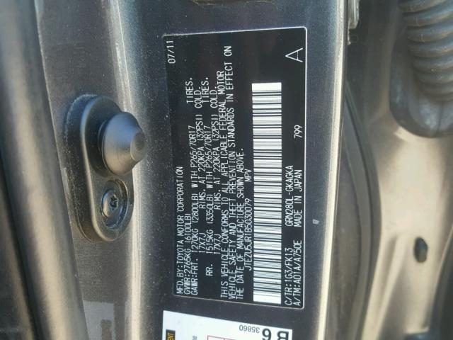 JTEZU5JR1B5030079 - 2011 TOYOTA 4RUNNER SR GRAY photo 10