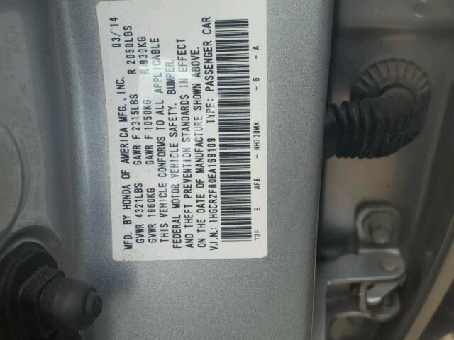 1HGCR2F80EA169109 - 2014 HONDA ACCORD EXL SILVER photo 10