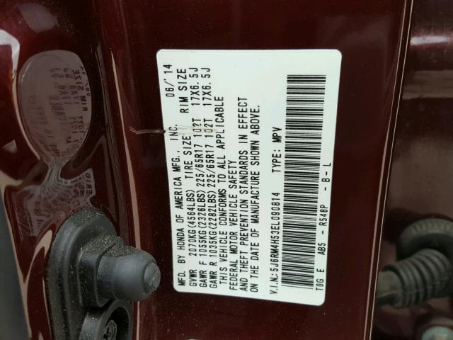 5J6RM4H53EL090814 - 2014 HONDA CR-V EX MAROON photo 10