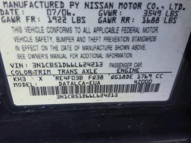 3N1CB51D66L624213 - 2006 NISSAN SENTRA 1.8 BLACK photo 10