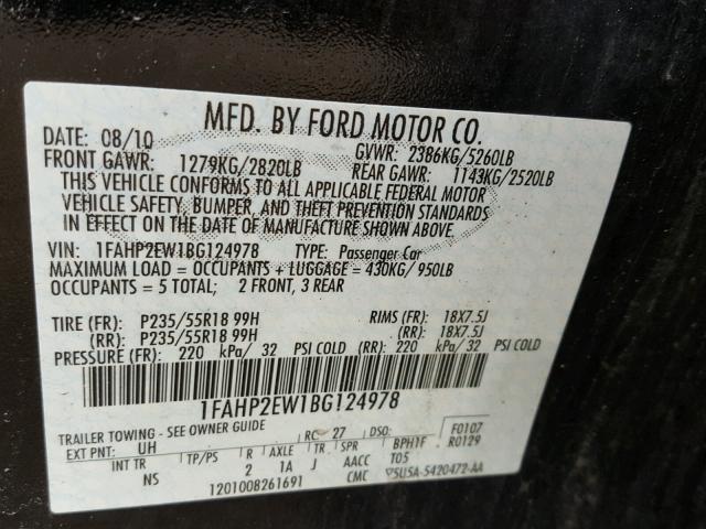 1FAHP2EW1BG124978 - 2011 FORD TAURUS SEL BLACK photo 10