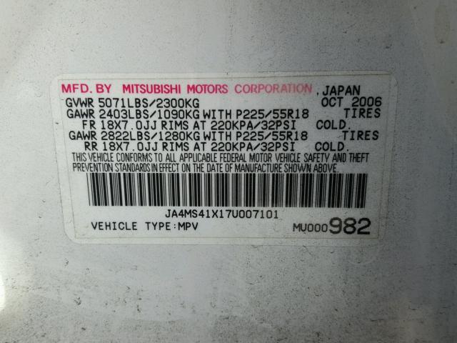 JA4MS41X17U007101 - 2007 MITSUBISHI OUTLANDER WHITE photo 10