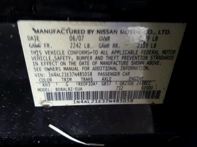 1N4AL21E37N485058 - 2007 NISSAN ALTIMA 2.5 BLACK photo 10