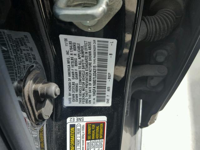 1HGFA16807L034315 - 2007 HONDA CIVIC EX Mavi foto 10