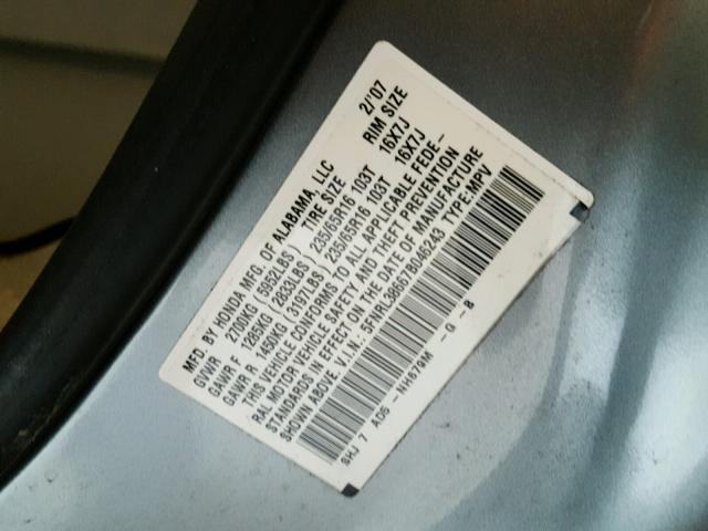 5FNRL38667B046243 - 2007 HONDA ODYSSEY EX BLUE photo 10