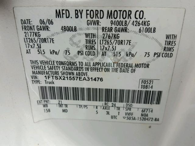 1FTSX21557EA31476 - 2007 FORD F250 SUPER WHITE photo 10