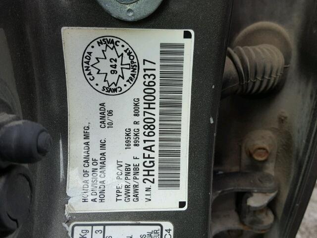 2HGFA16807H006317 - 2007 HONDA CIVIC EX GRAY photo 10