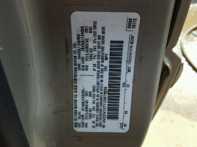 4N2ZN15T11D819026 - 2001 NISSAN QUEST GXE GOLD photo 10