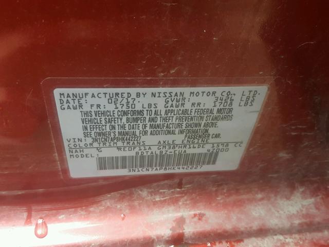 3N1CN7AP8HK442227 - 2017 NISSAN VERSA S RED photo 10