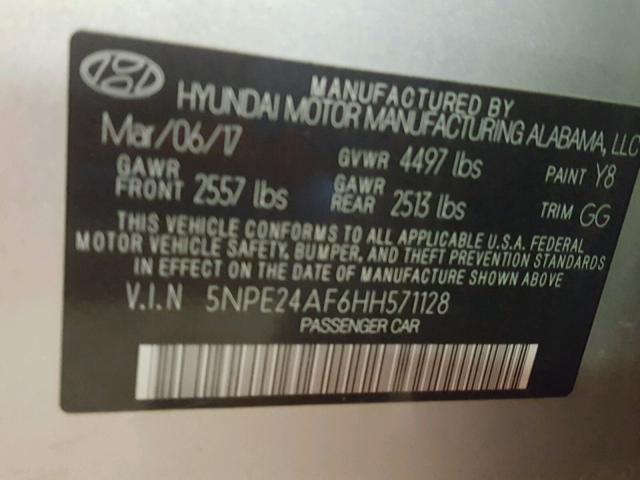 5NPE24AF6HH571128 - 2017 HYUNDAI SONATA SE SILVER photo 10