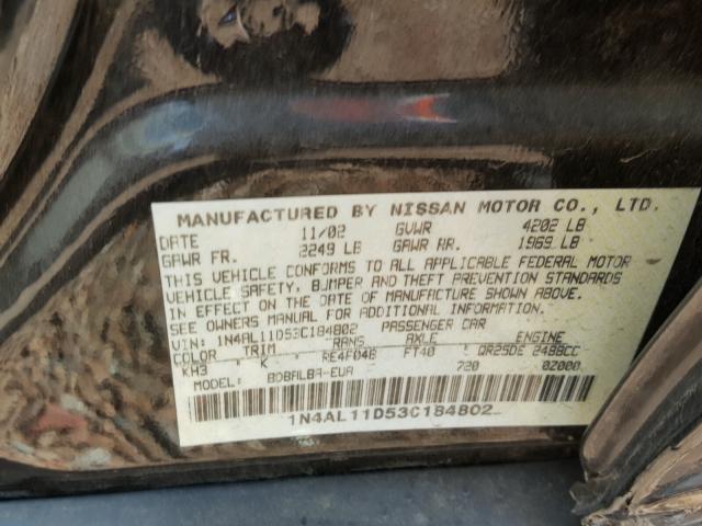 1N4AL11D53C184802 - 2003 NISSAN ALTIMA BAS BLACK photo 10