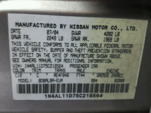 1N4AL11D75C218564 - 2005 NISSAN ALTIMA S GRAY photo 10