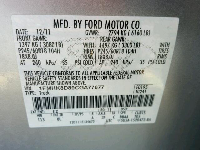 1FMHK8D89CGA77677 - 2012 FORD EXPLORER X SILVER photo 10