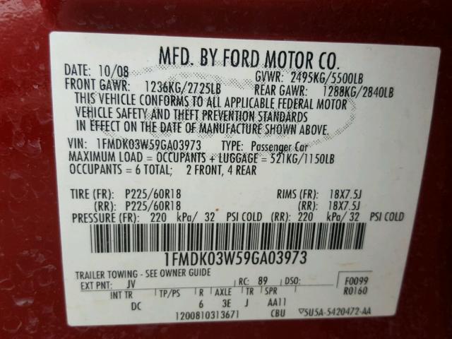 1FMDK03W59GA03973 - 2009 FORD TAURUS X L RED photo 10