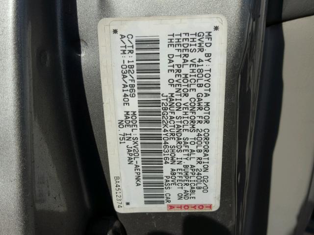 JT2BG22K4Y0463164 - 2000 TOYOTA CAMRY CE SILVER photo 10