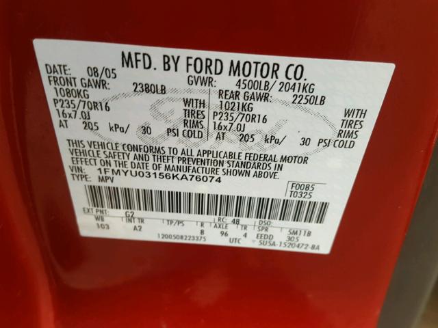 1FMYU03156KA76074 - 2006 FORD ESCAPE XLT RED photo 10