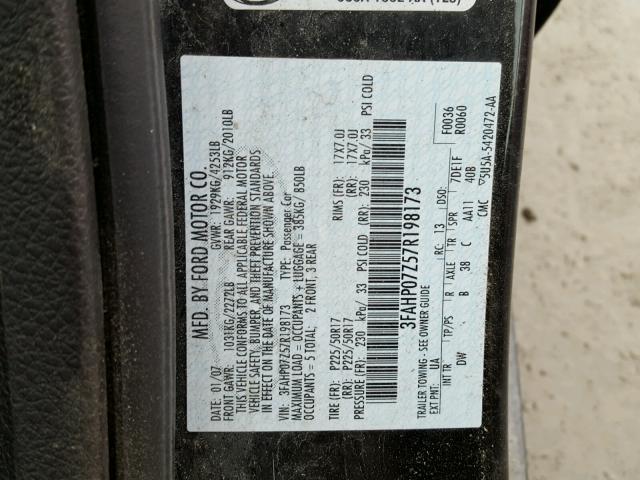 3FAHP07Z57R198173 - 2007 FORD FUSION SE BLACK photo 10