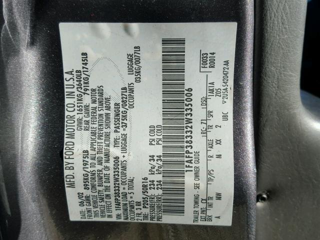 1FAFP38332W335006 - 2002 FORD FOCUS ZTS GRAY photo 10