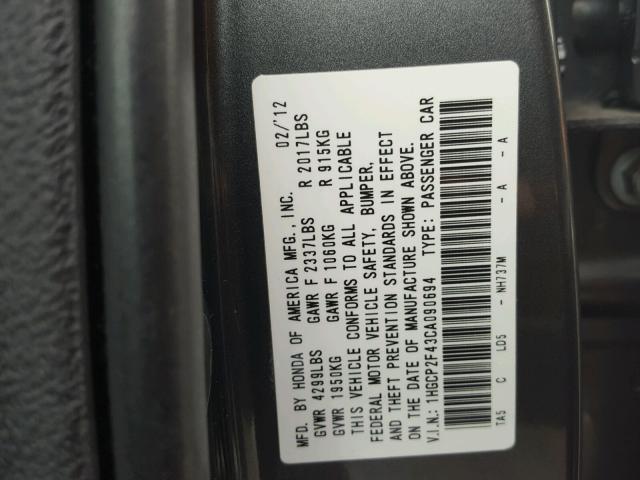 1HGCP2F43CA090694 - 2012 HONDA ACCORD LXP GRAY photo 10