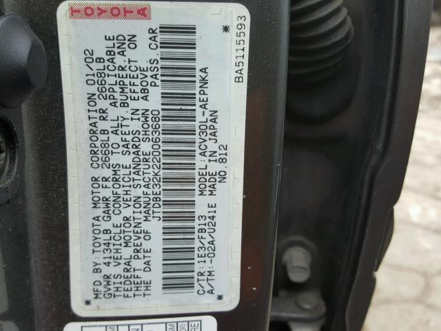 JTDBE32K220063680 - 2002 TOYOTA CAMRY LE GRAY photo 10