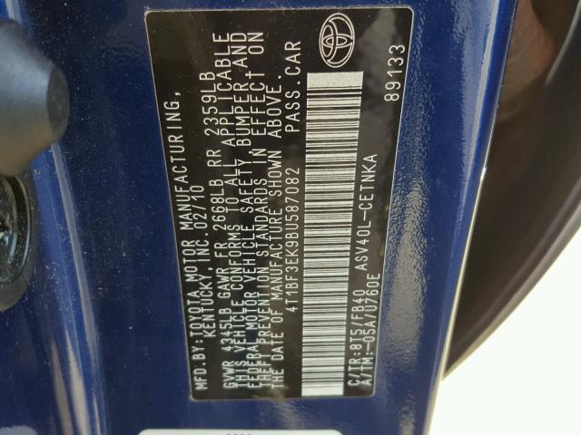 4T1BF3EK9BU587082 - 2011 TOYOTA CAMRY BASE BLUE photo 10