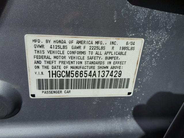 1HGCM56654A137429 - 2004 HONDA ACCORD EX SILVER photo 10