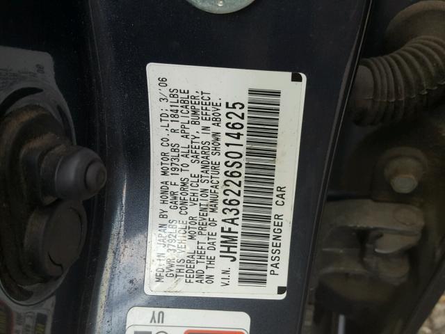 JHMFA36226S014625 - 2006 HONDA CIVIC HYBR GRAY photo 10