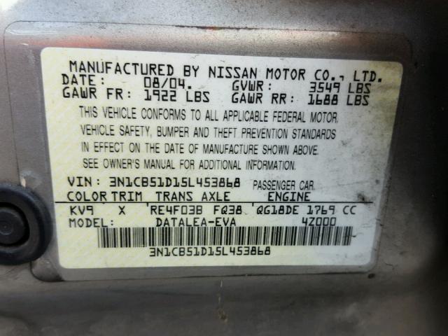 3N1CB51D15L453868 - 2005 NISSAN SENTRA 1.8 BEIGE photo 10