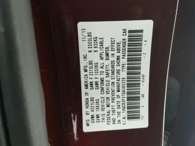 1HGCR2F57GA080226 - 2016 HONDA ACCORD SPO MAROON photo 10