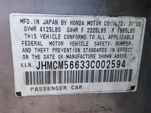 JHMCM56633C002594 - 2003 HONDA ACCORD EX SILVER photo 10