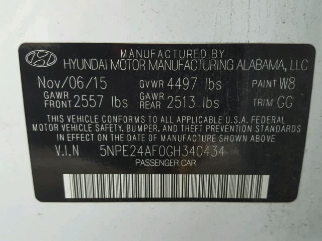 5NPE24AF0GH340434 - 2016 HYUNDAI SONATA SE WHITE photo 10