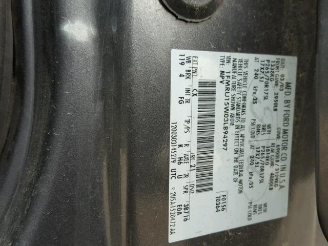 1FMRU15W03LB94297 - 2003 FORD EXPEDITION GRAY photo 10