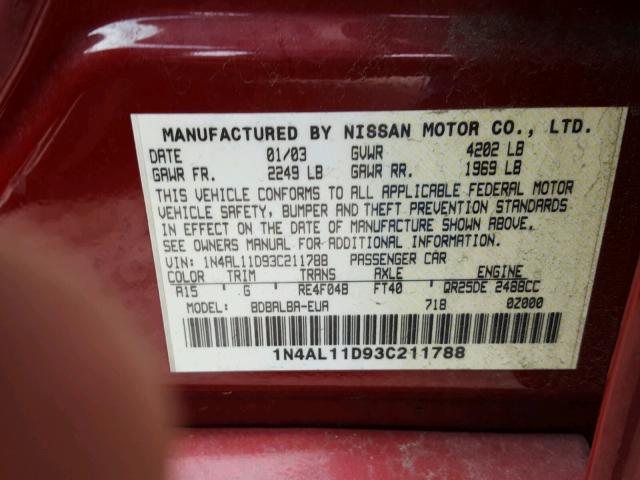 1N4AL11D93C211788 - 2003 NISSAN ALTIMA BAS RED photo 10