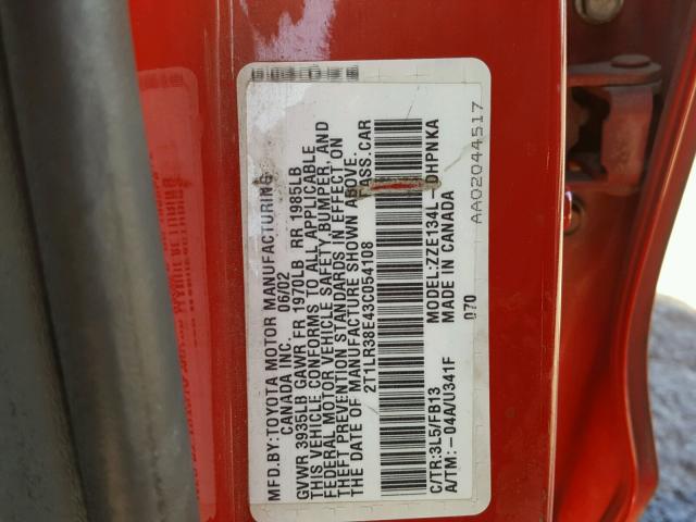 2T1LR38E43C054108 - 2003 TOYOTA COROLLA MA RED photo 10