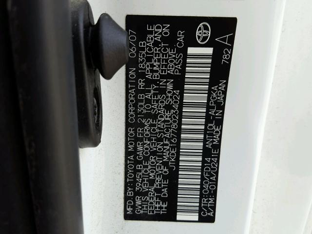 JTKDE167780234024 - 2008 TOYOTA SCION TC 白色 照片 10