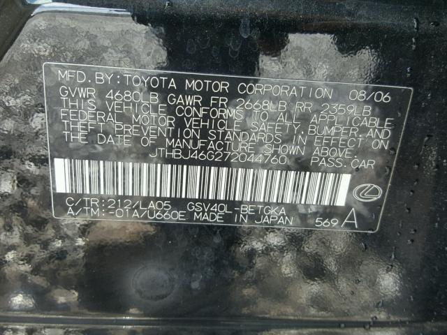 JTHBJ46G272044760 - 2007 LEXUS ES 350 BLACK photo 10