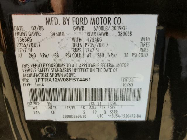 1FTRX12W08FB74461 - 2008 FORD F150 BLACK photo 10