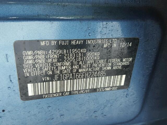 JF1GPAT66FH224485 - 2015 SUBARU IMPREZA SP BLUE photo 10