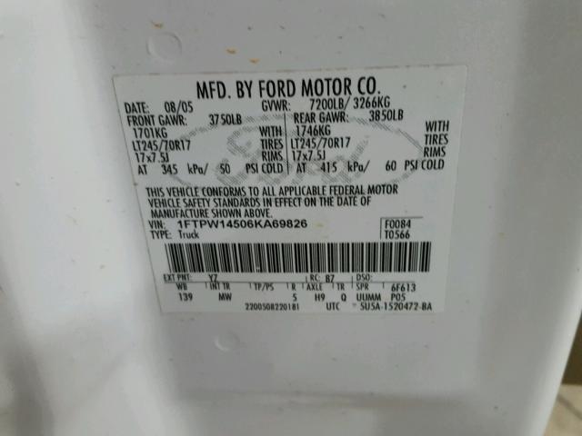 1FTPW14506KA69826 - 2006 FORD F150 SUPER WHITE photo 10