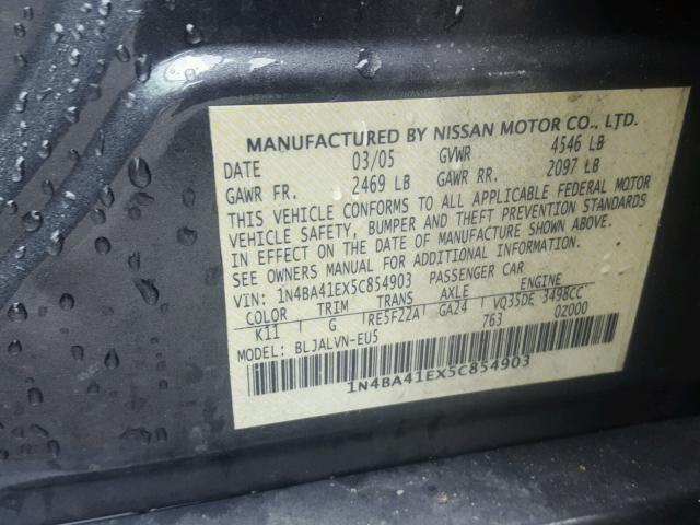 1N4BA41EX5C854903 - 2005 NISSAN MAXIMA SE CHARCOAL photo 10