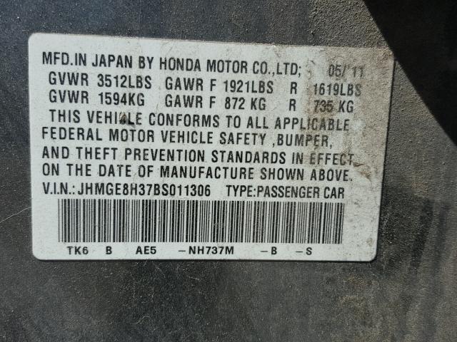 JHMGE8H37BS011306 - 2011 HONDA FIT GRAY photo 10