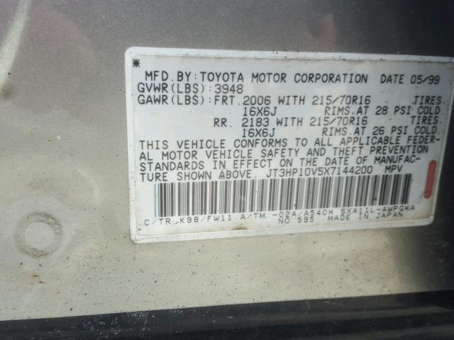 JT3HP10V5X7144200 - 1999 TOYOTA RAV4 GRAY photo 10