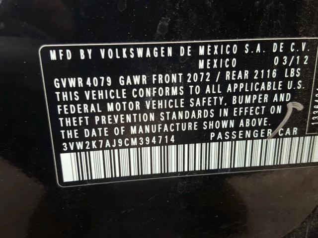 3VW2K7AJ9CM394714 - 2012 VOLKSWAGEN JETTA BASE 黑色 照片 10